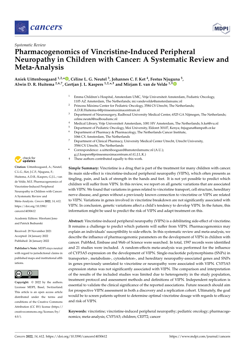 Pdf Pharmacogenomics Of Vincristine Induced Peripheral Neuropathy In Children With Cancer A Systematic Review And Meta Analysis