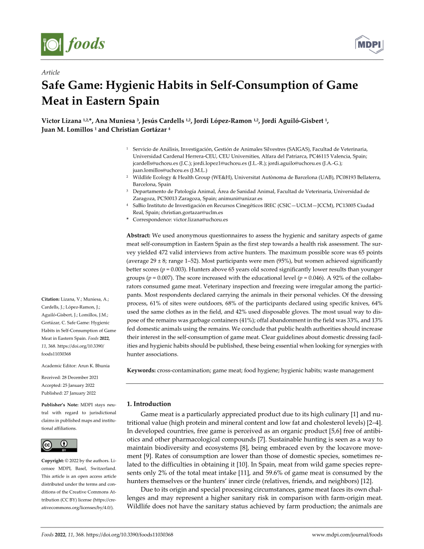 PDF) Safe Game: Hygienic Habits in Self-Consumption of Game Meat in Eastern  Spain