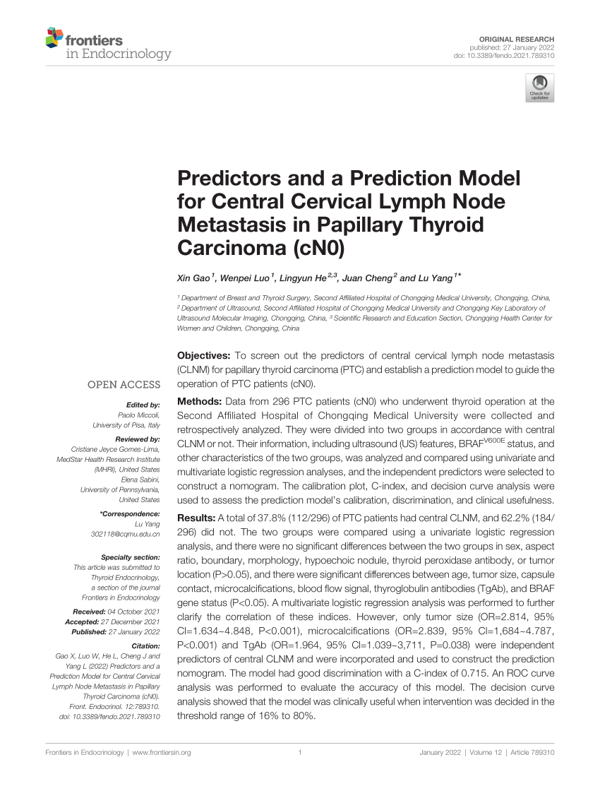 Pdf Predictors And A Prediction Model For Central Cervical Lymph Node Metastasis In Papillary