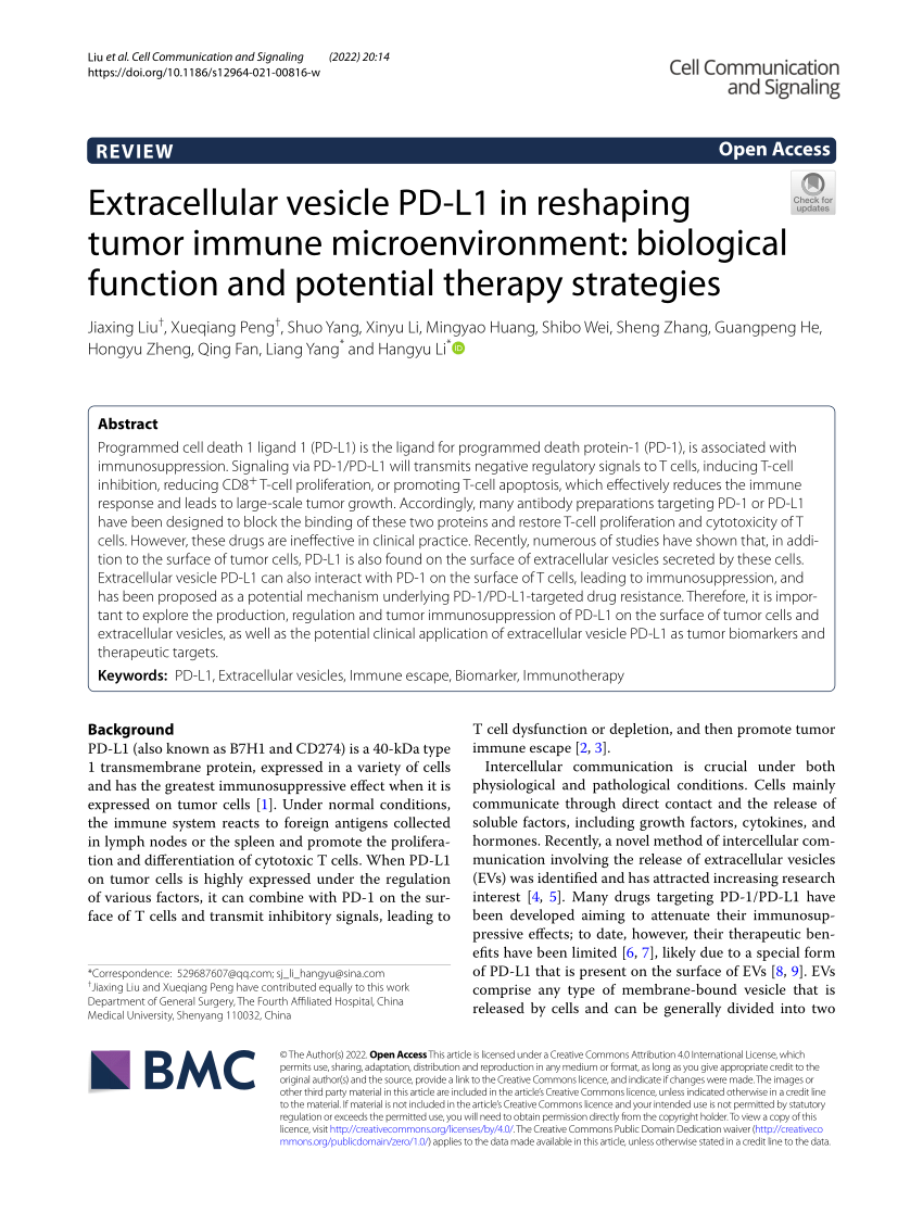 Pdf Extracellular Vesicle Pd L1 In Reshaping Tumor Immune Microenvironment Biological Function And Potential Therapy Strategies