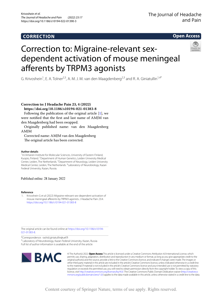 PDF) Correction to: Migraine-relevant sex-dependent activation of mouse  meningeal afferents by TRPM3 agonists