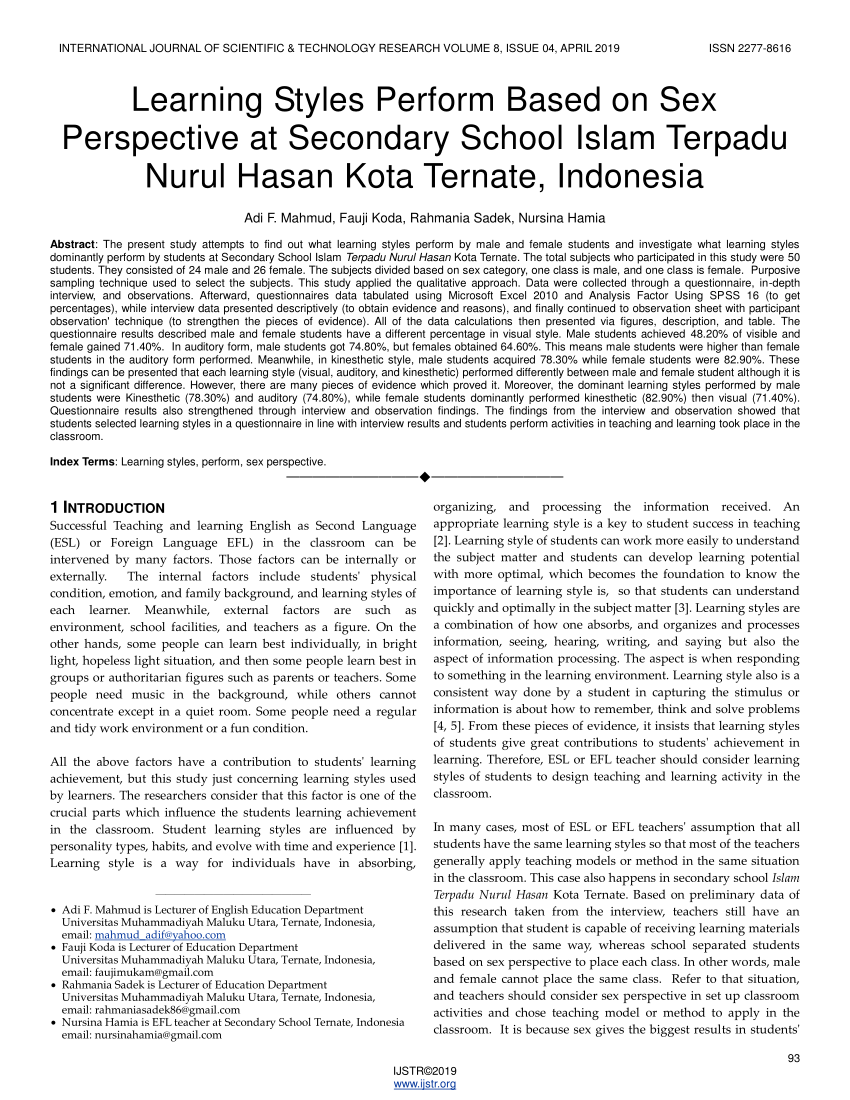 PDF) Learning Styles Perform Based on Sex Perspective at Secondary School  Islam Terpadu Nurul Hasan Kota Ternate, Indonesia