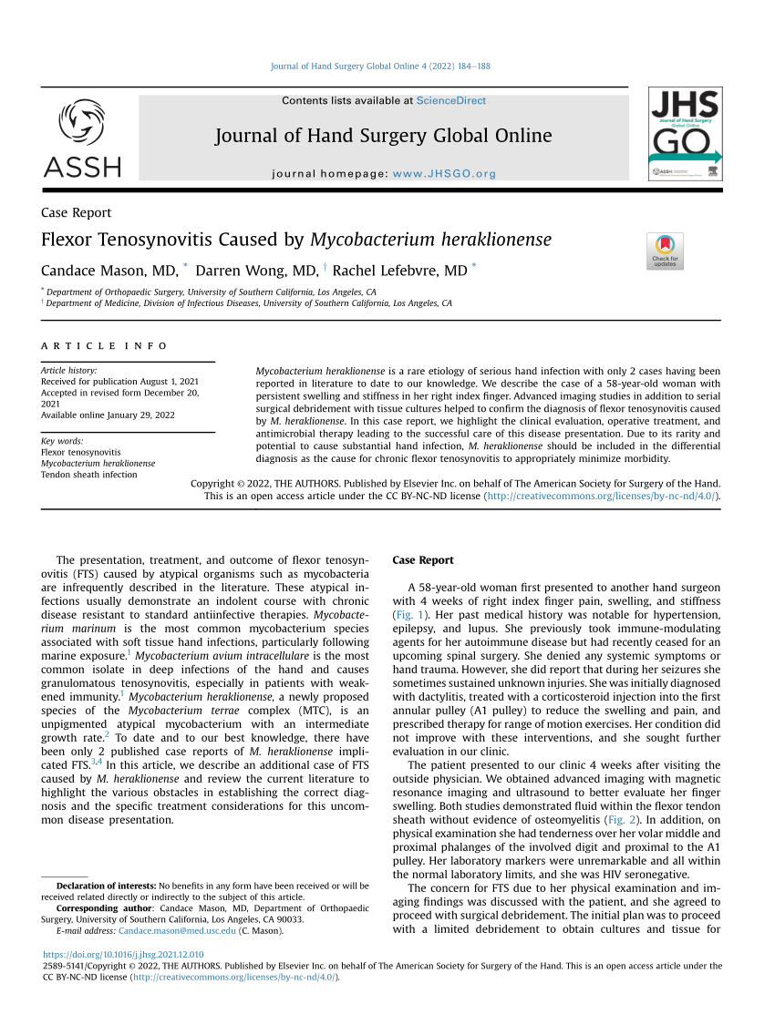 Pdf Flexor Tenosynovitis Caused By Mycobacterium Heraklionense 6495