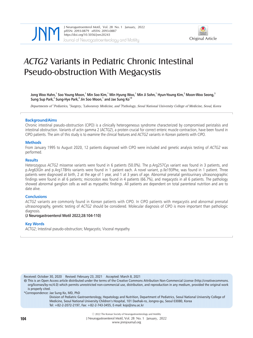 Pdf Actg2 Variants In Pediatric Chronic Intestinal Pseudo Obstruction With Megacystis 