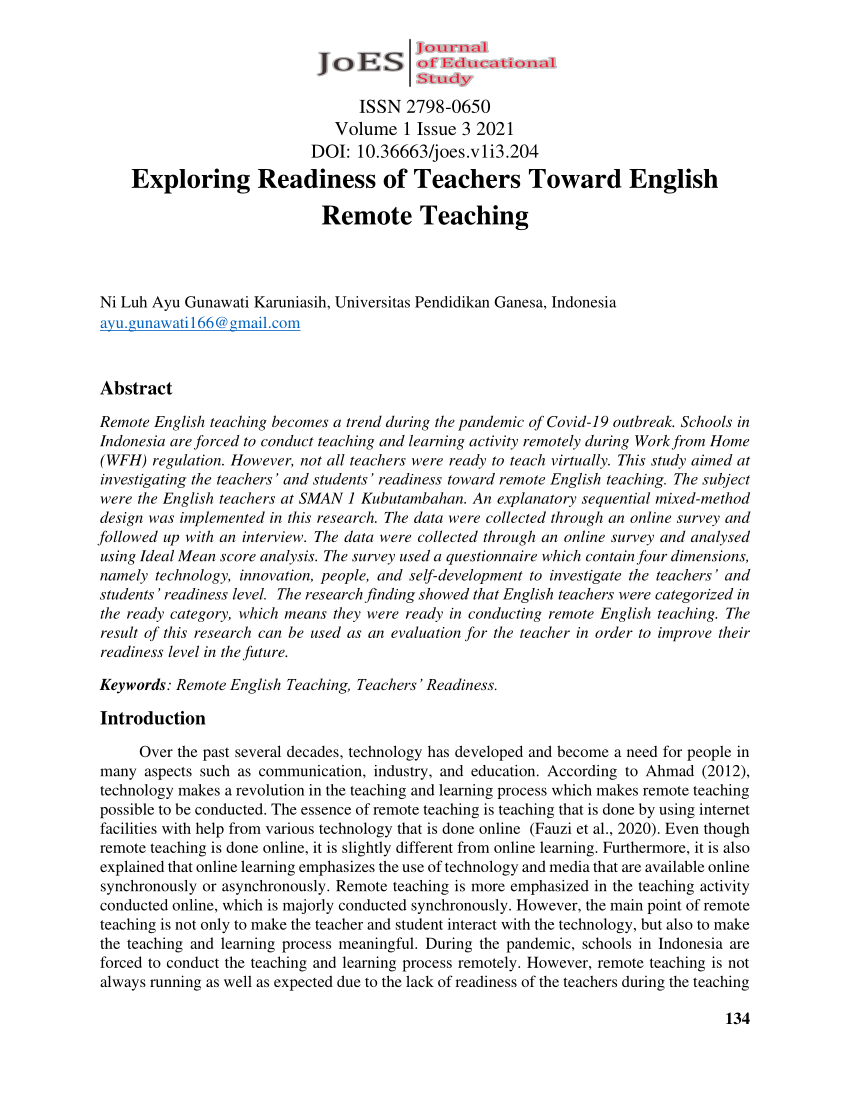 (PDF) Exploring Readiness of Teachers Toward English Remote Teaching