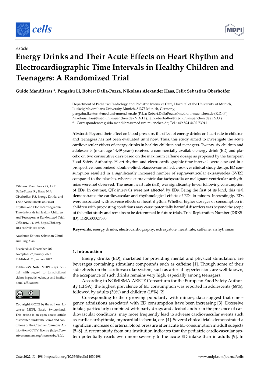 PDF) Energy Drinks and Their Acute Effects on Heart Rhythm and  Electrocardiographic Time Intervals in Healthy Children and Teenagers: A  Randomized Trial
