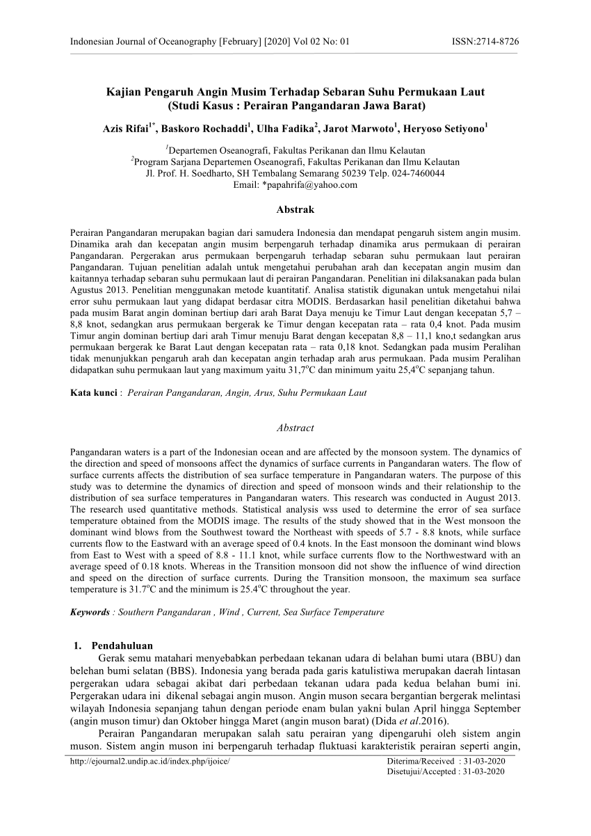 Pdf Kajian Pengaruh Angin Musim Terhadap Sebaran Suhu Permukaan Laut