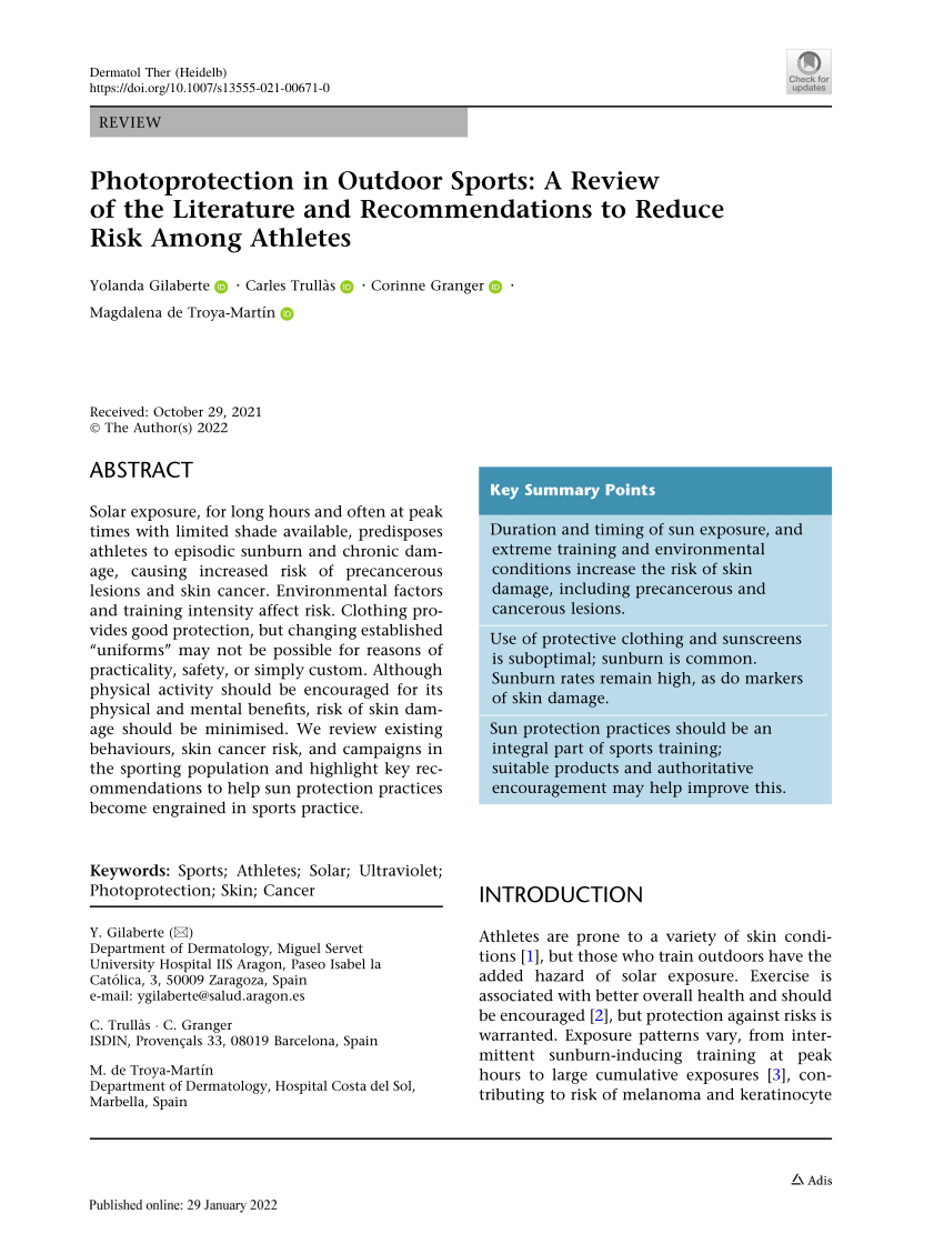 PDF) Photoprotection in Outdoor Sports: A Review of the Literature
