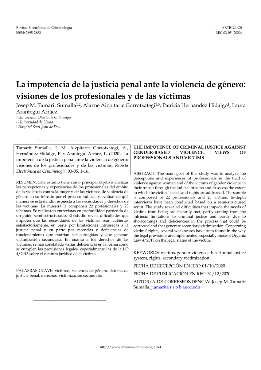 Pdf La Impotencia De La Justicia Penal Ante La Violencia De Género Visiones De Los 0741