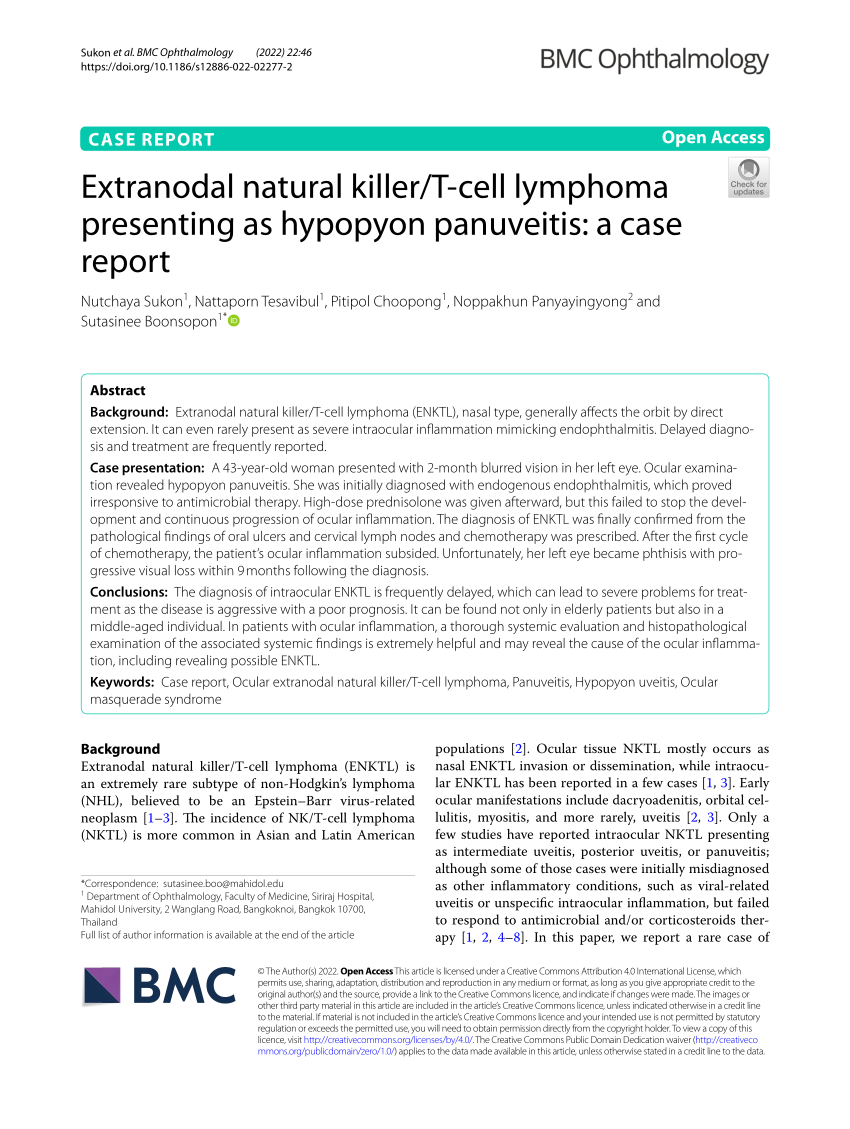 Pdf Extranodal Natural Killert Cell Lymphoma Presenting As Hypopyon Panuveitis A Case Report 