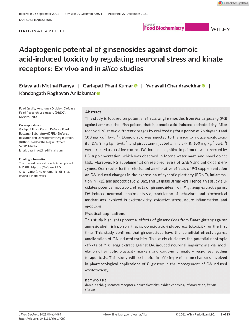 (PDF) Adaptogenic potential of ginsenosides against domoic acid‐induced