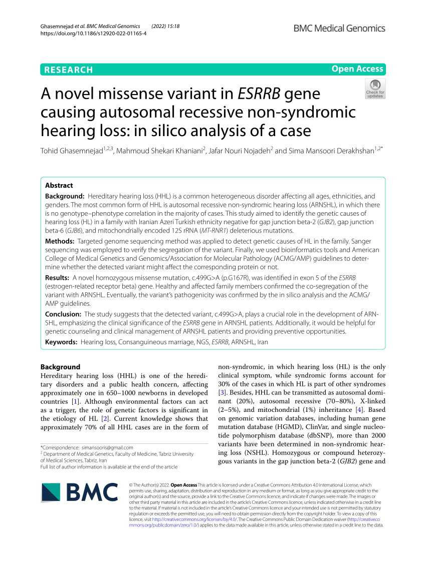 Pdf A Novel Missense Variant In Esrrb Gene Causing Autosomal Recessive Non Syndromic Hearing Loss In Silico Analysis Of A Case