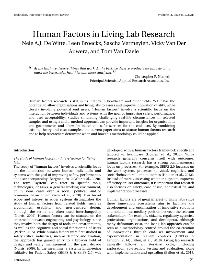 Pdf Human Factors In Living Lab Research