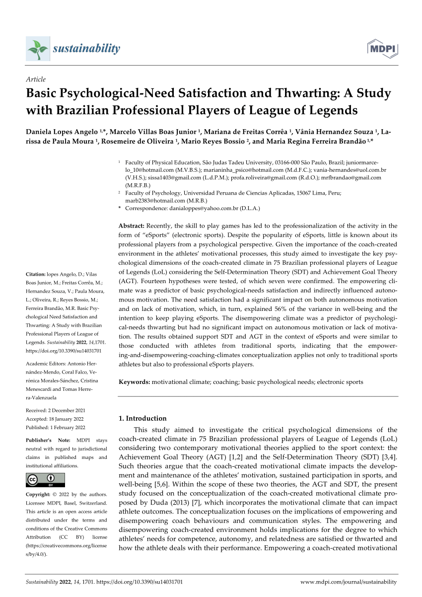PDF) Basic Psychological Need Satisfaction and Thwarting: A Study with  Brazilian Professional Players of League of Legends