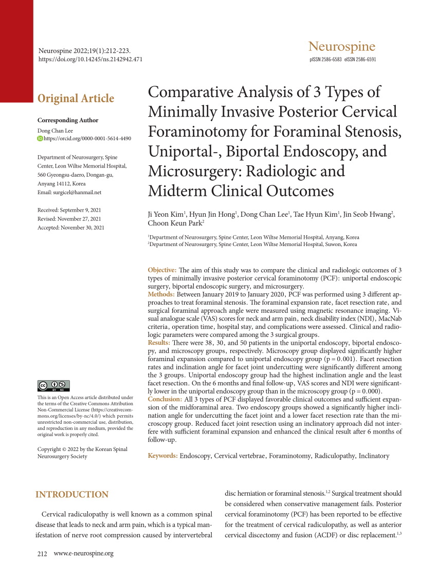 Pdf Comparative Analysis Of Three Types Of Minimally Invasive Posterior Cervical Foraminotomy 5471