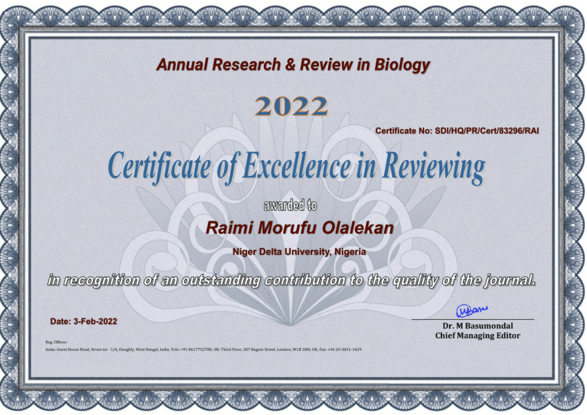 (PDF) Annual Research Review in Biology Certificate of Excellence in
