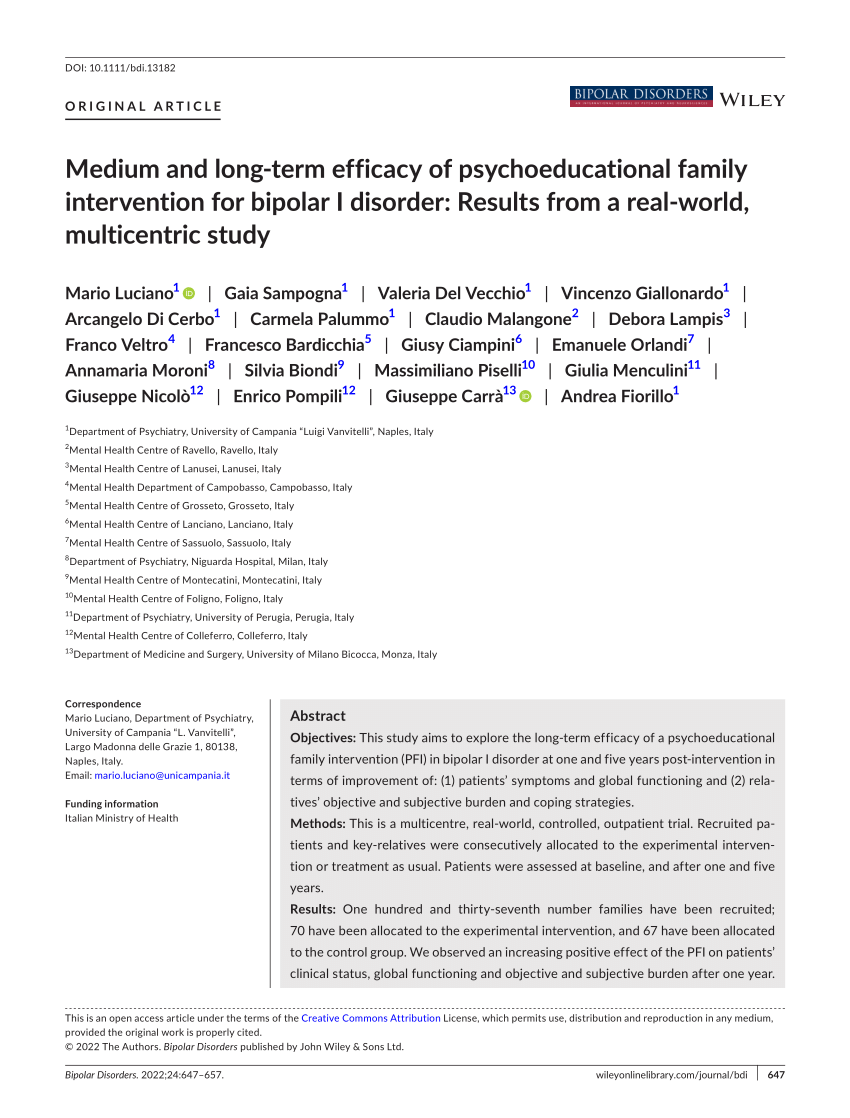 PDF) Medium and long‐term efficacy of psychoeducational family intervention  for bipolar I disorder: Results from a real‐world, multicentric study