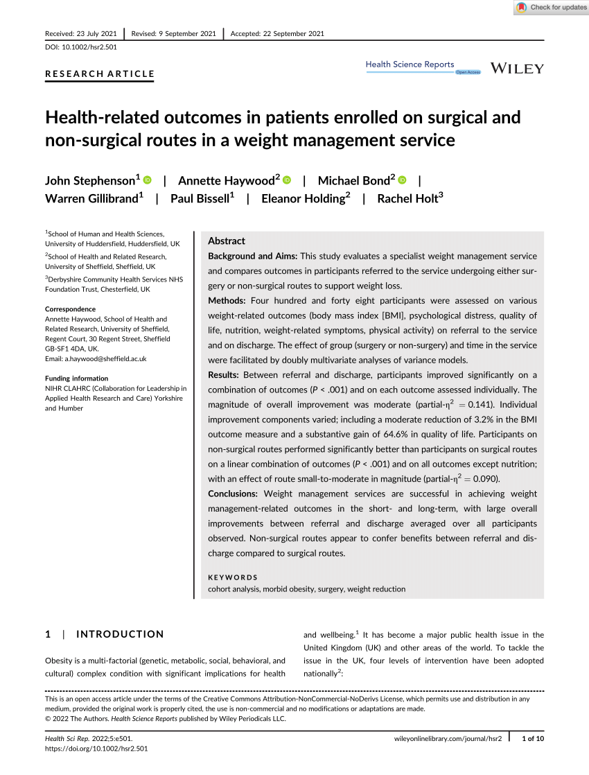 Health‐related outcomes in patients enrolled on surgical and non‐surgical  routes in a weight management service - Stephenson - 2022 - Health Science  Reports - Wiley Online Library