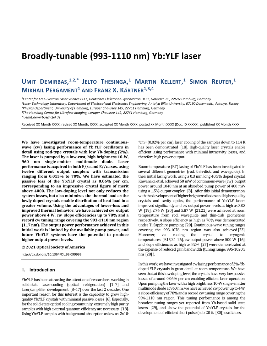 PDF) Broadly-tunable (993-1110 nm) Yb:YLF laser