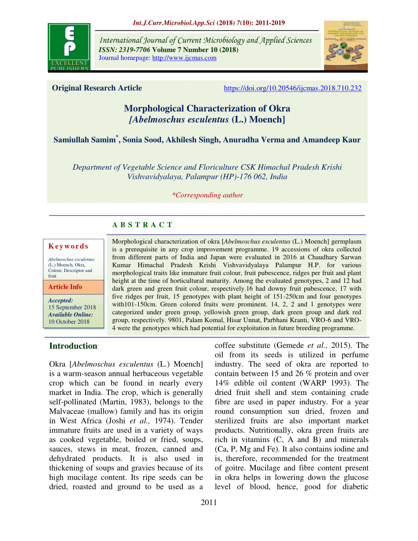 (PDF) Morphological Characterization of Okra [Abelmoschus esculentus (L ...