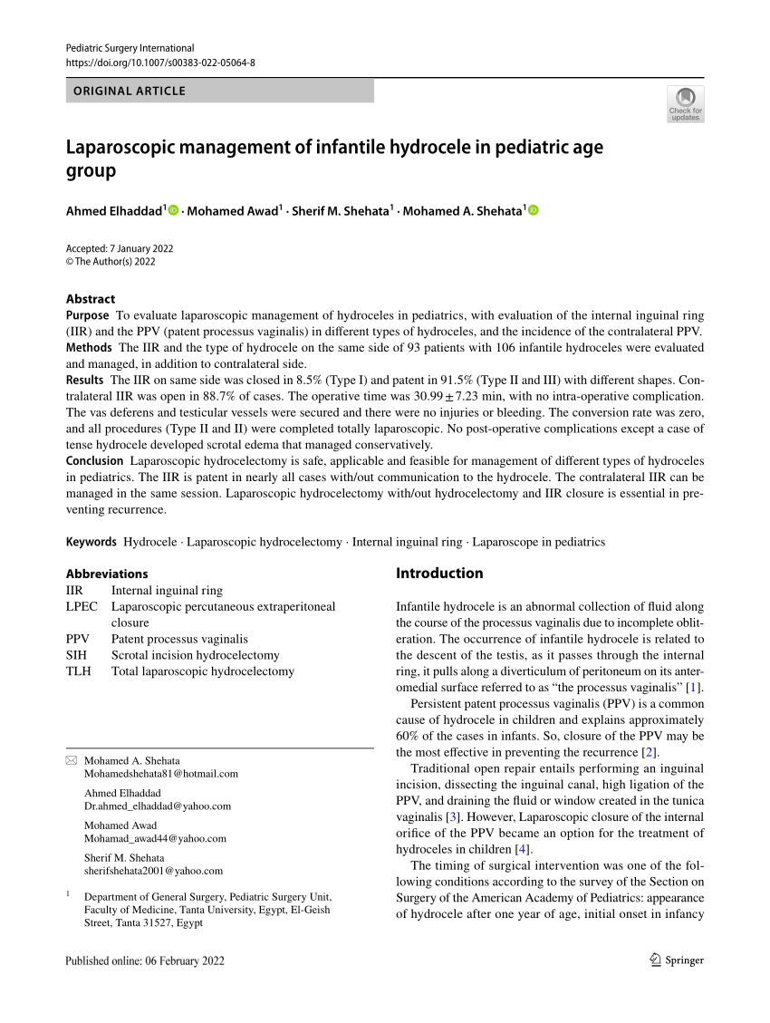 (PDF) Laparoscopic management of infantile hydrocele in pediatric age group