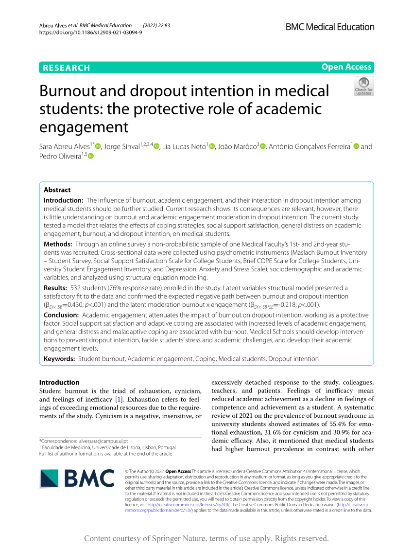 PDF) Burnout and dropout intention in medical students: the protective role  of academic engagement
