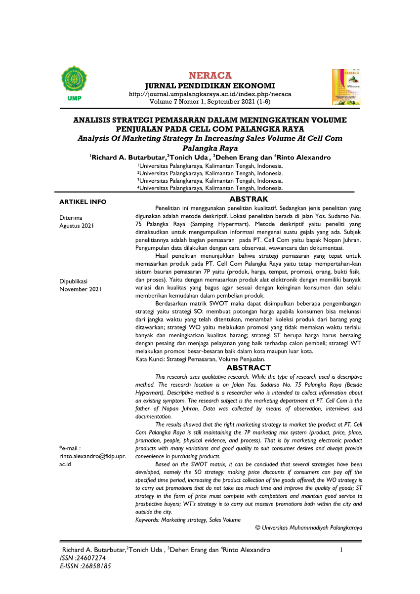 PDF Analisis Strategi Pemasaran Dalam Meningkatkan Volume Penjualan Pada Cell Com Palangka Raya