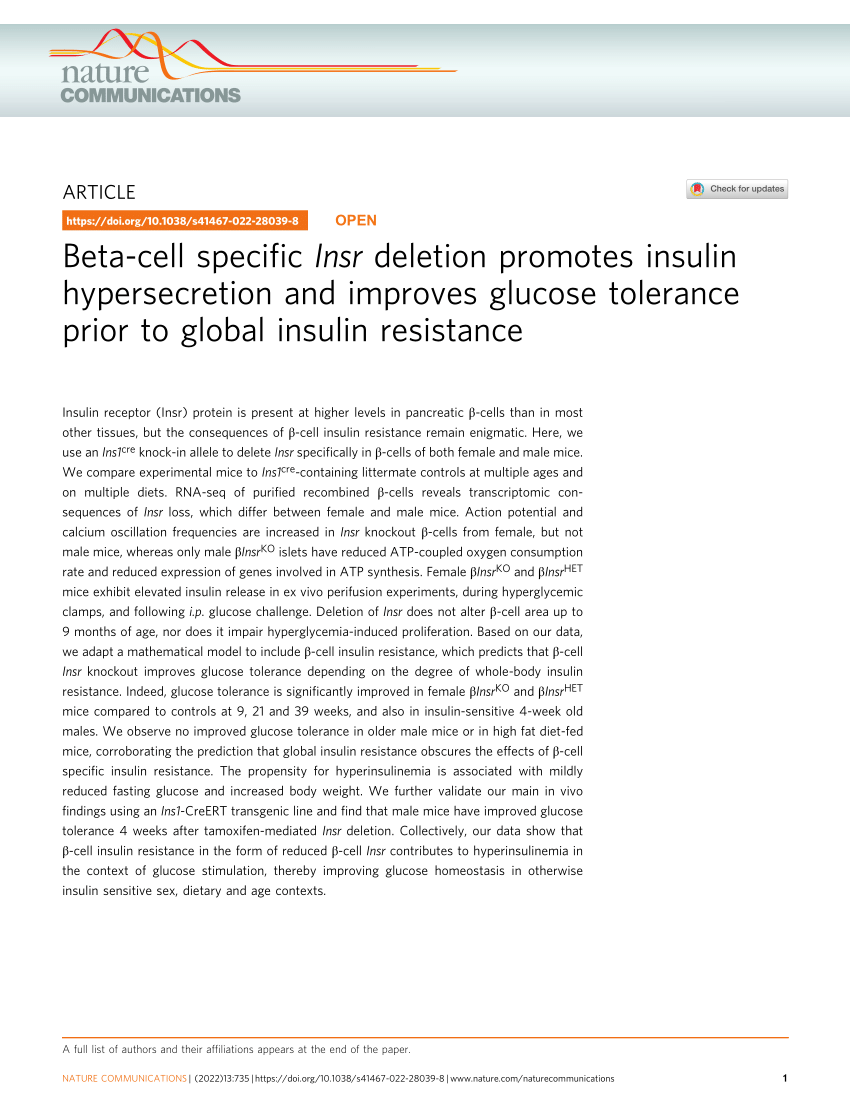 PDF) Beta-cell specific Insr deletion promotes insulin hypersecretion and  improves glucose tolerance prior to global insulin resistance