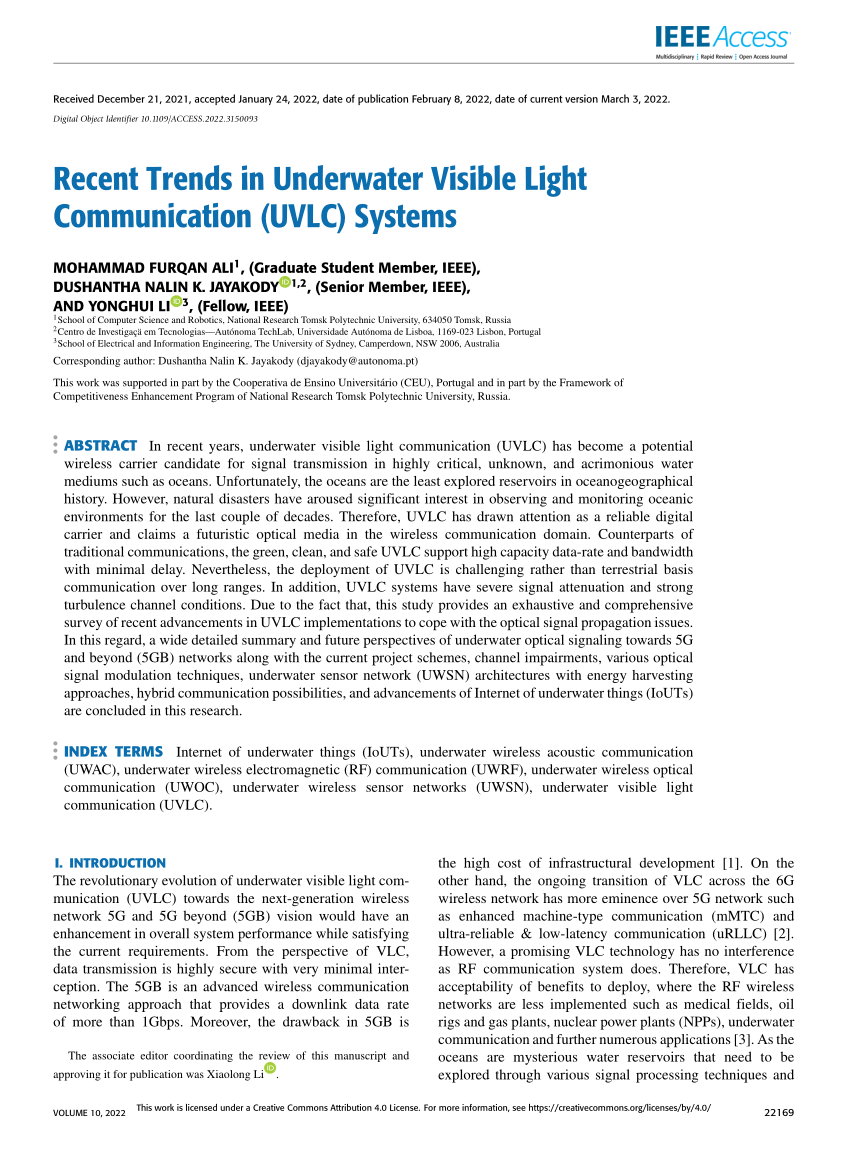 PDF) Recent Trends in Underwater Visible Light Communication (UVLC