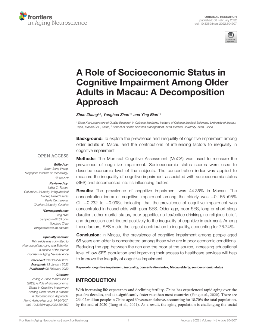 PDF) A Role of Socioeconomic Status in Cognitive Impairment Among Older Adults in Macau A Decomposition Approach
