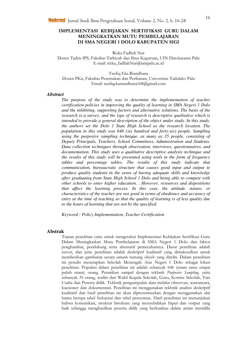 Pdf Implementasi Kebijakan Sertifikasi Guru Dalam Meningkatkan Mutu Pembelajaran Di Sma Negeri 9638