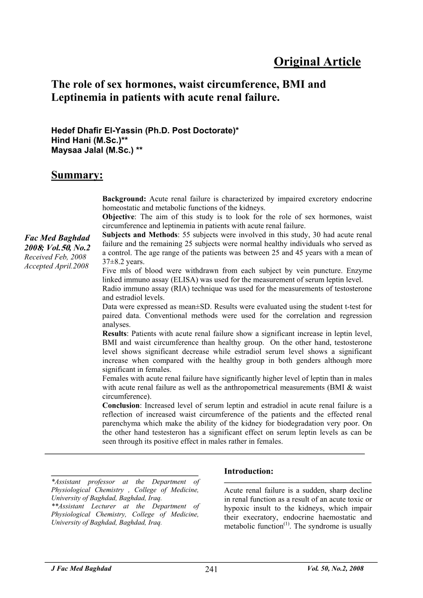 Pdf The Role Of Sex Hormones Waist Circumference Bmi Drs Hedef Hind And Maysaa And