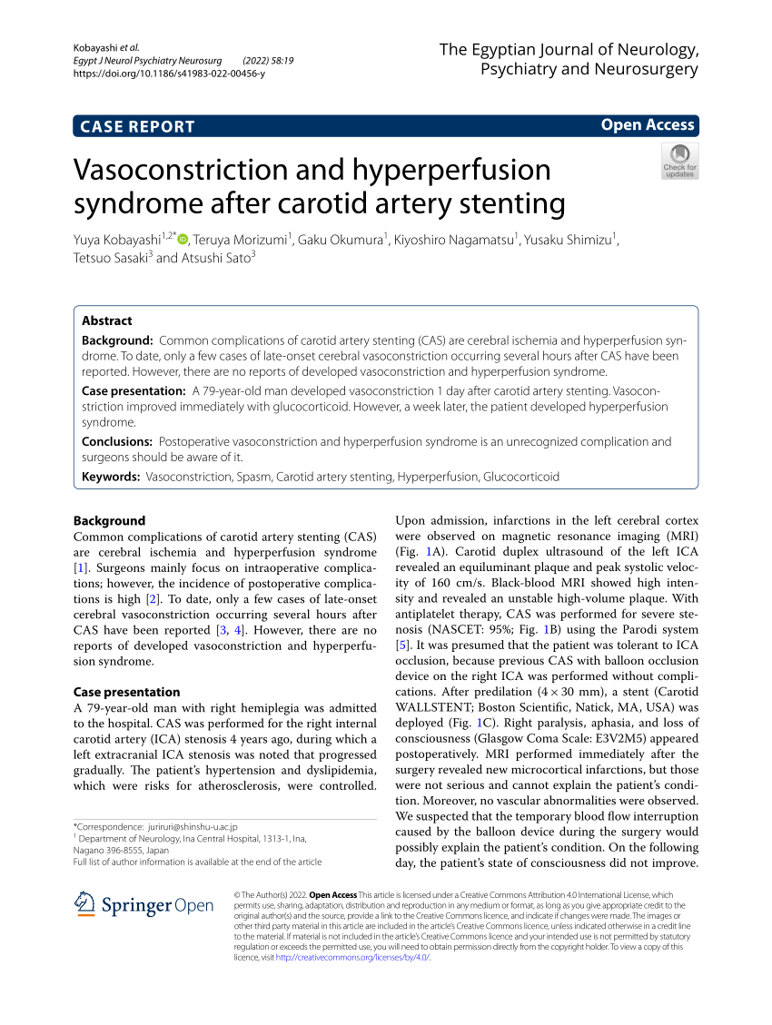 Pdf Vasoconstriction And Hyperperfusion Syndrome After Carotid Artery