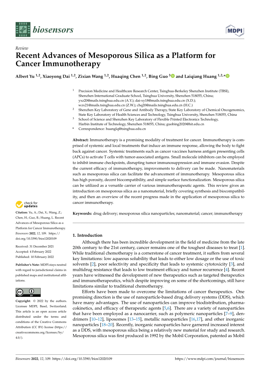 PDF) Recent Advances of Mesoporous Silica as a Platform for Cancer 
