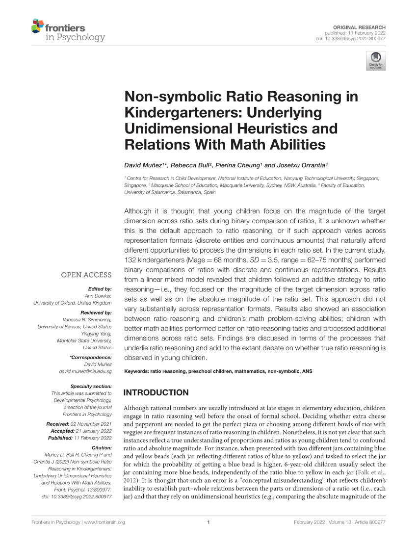 Pdf Non Symbolic Ratio Reasoning In Kindergarteners Underlying Unidimensional Heuristics And Relations With Math Abilities