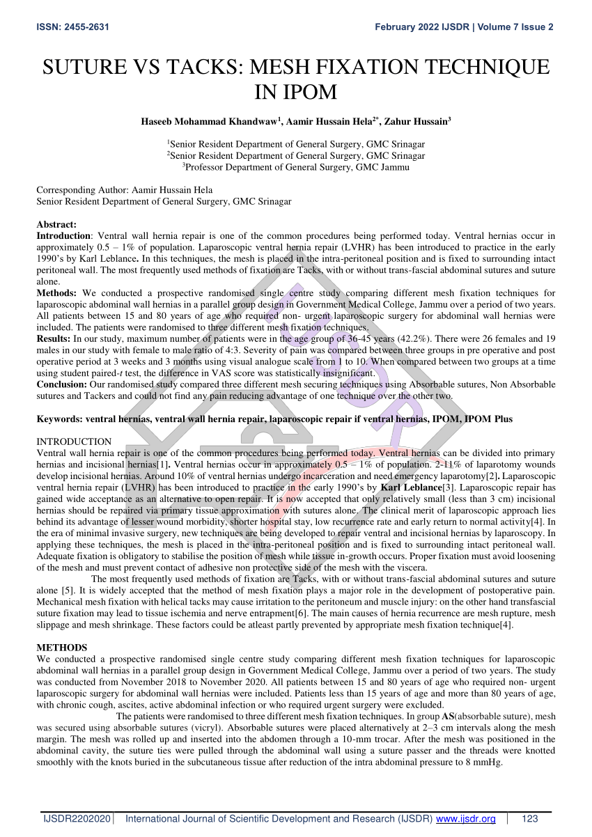 Pdf Suture Vs Tacks Mesh Fixation Technique In Ipom 