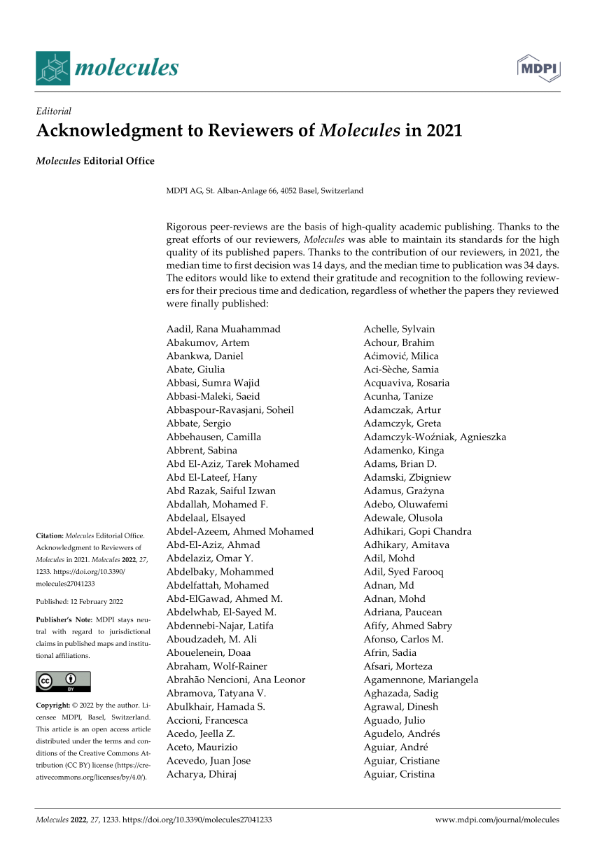 PDF) Acknowledgment to Reviewers of Molecules in 2021