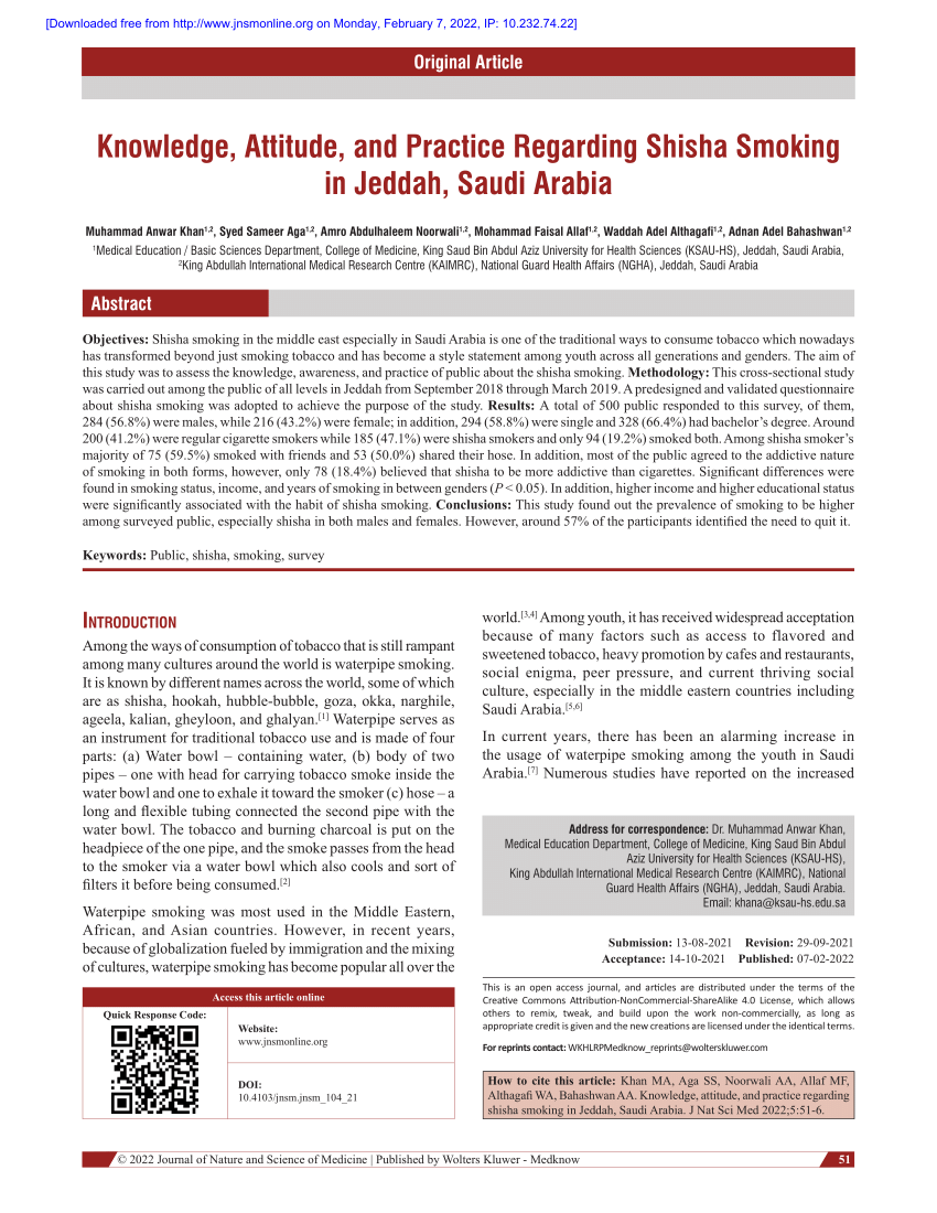 PDF) Knowledge, Attitude, and Practice Regarding Shisha Smoking in Jeddah,  Saudi Arabia