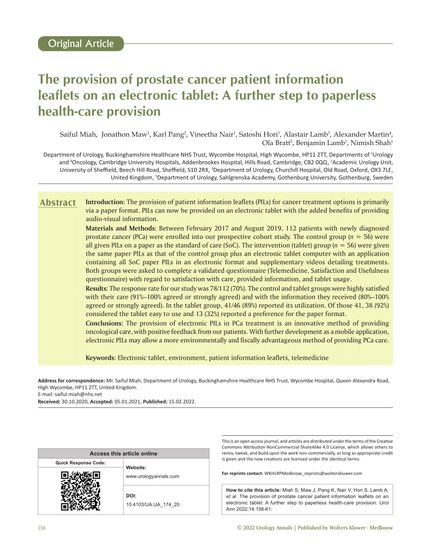 Pdf The Provision Of Prostate Cancer Patient Information Leaflets On An Electronic Tablet A 8479