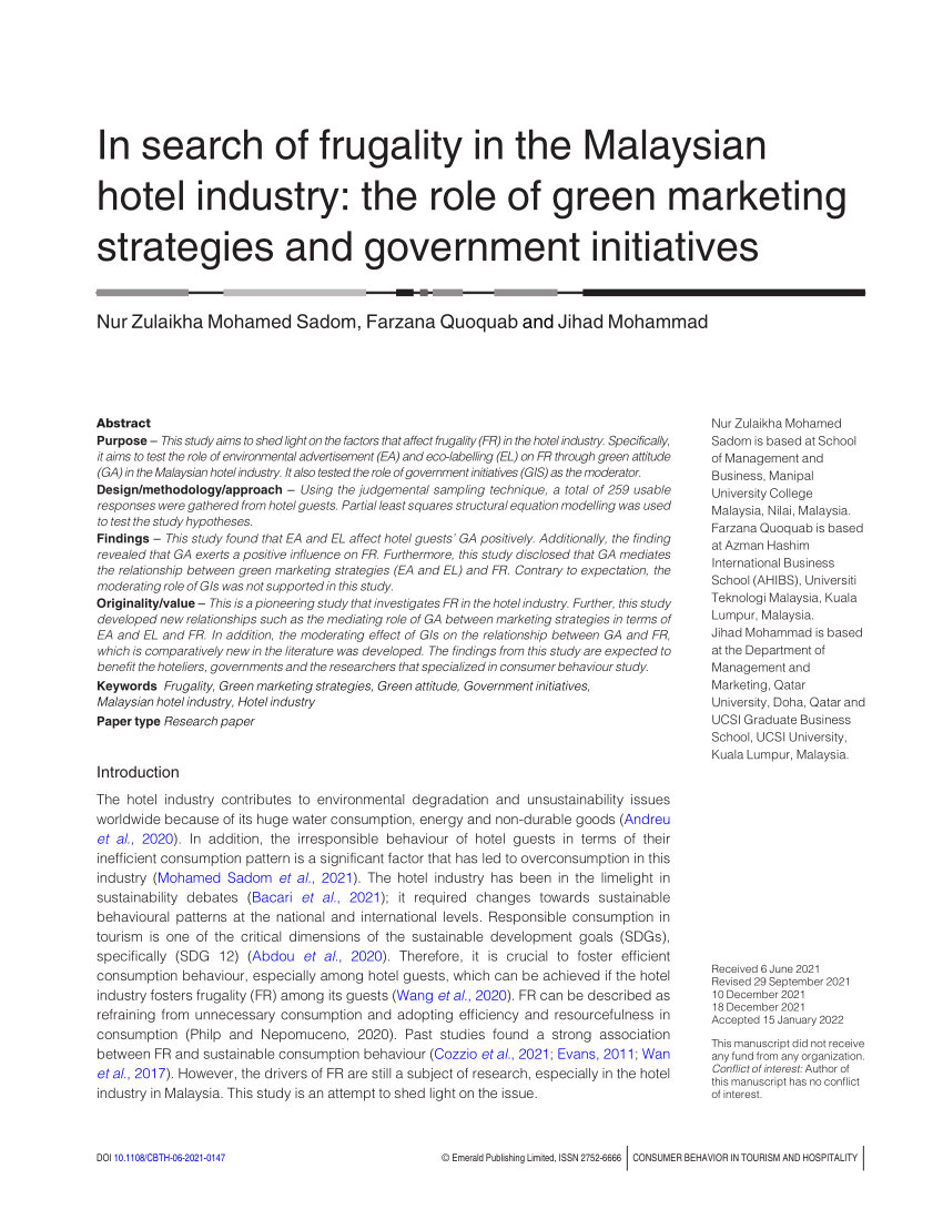 Pdf) In Search Of Frugality In The Malaysian Hotel Industry: The Role Of  Green Marketing Strategies And Government Initiatives