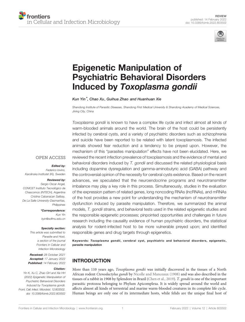 Pdf Epigenetic Manipulation Of Psychiatric Behavioral Disorders Induced By Toxoplasma Gondii