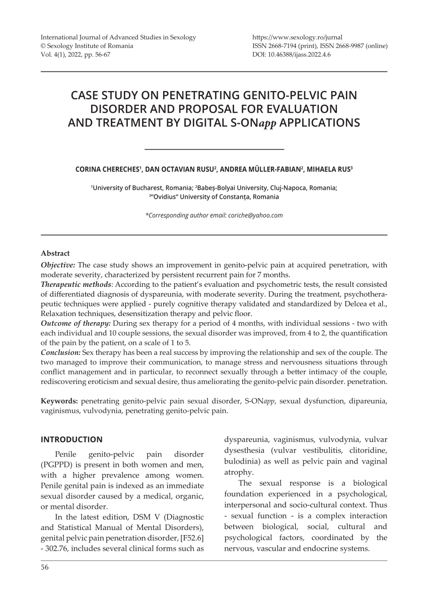 PDF) CASE STUDY ON PENETRATING GENITO-PELVIC PAIN DISORDER AND PROPOSAL FOR  EVALUATION AND TREATMENT BY DIGITAL S-ONapp APPLICATIONS