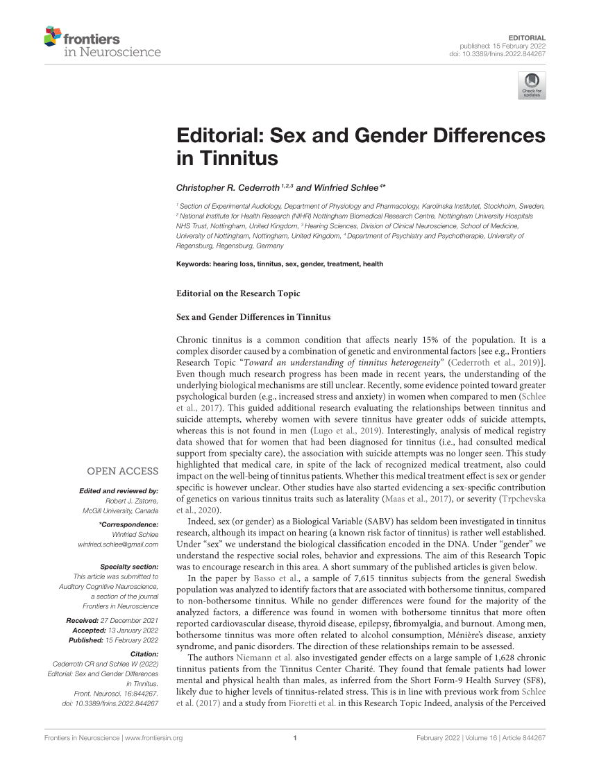 Pdf Editorial Sex And Gender Differences In Tinnitus 9225