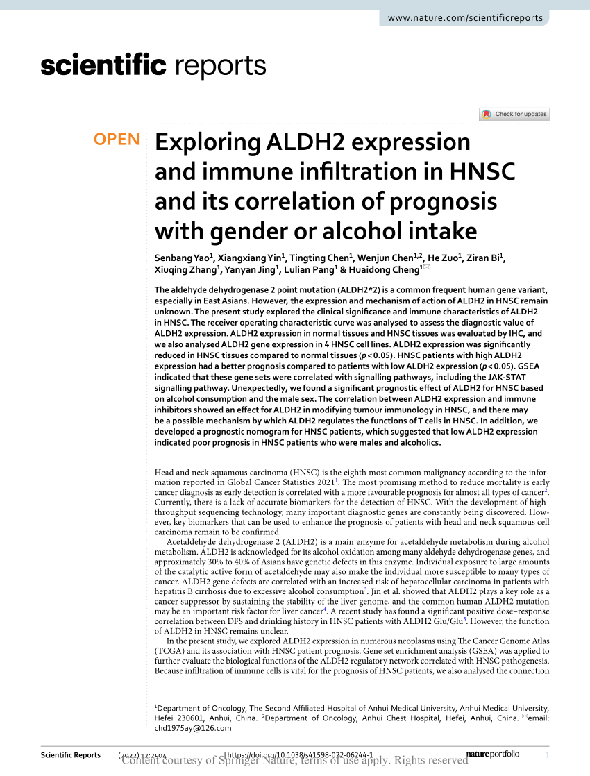 PDF) Exploring ALDH2 expression and immune infiltration in HNSC and its  correlation of prognosis with gender or alcohol intake