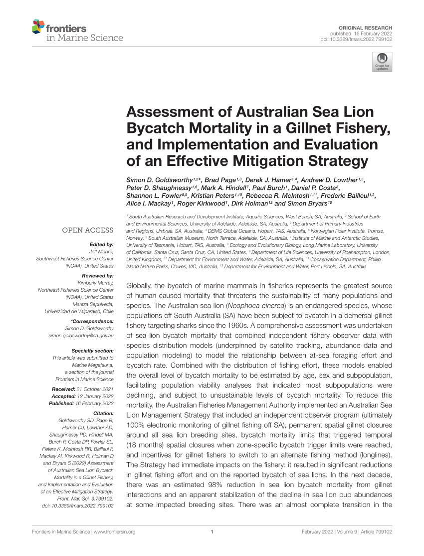 Frontiers  Assessment of Australian Sea Lion Bycatch Mortality in a Gillnet  Fishery, and Implementation and Evaluation of an Effective Mitigation  Strategy
