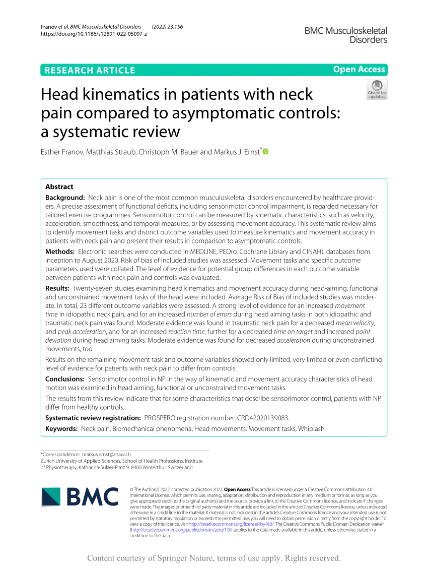 Pdf Head Kinematics In Patients With Neck Pain Compared To
