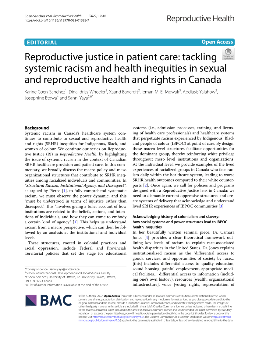 Pdf Reproductive Justice In Patient Care Tackling Systemic Racism And Health Inequities In