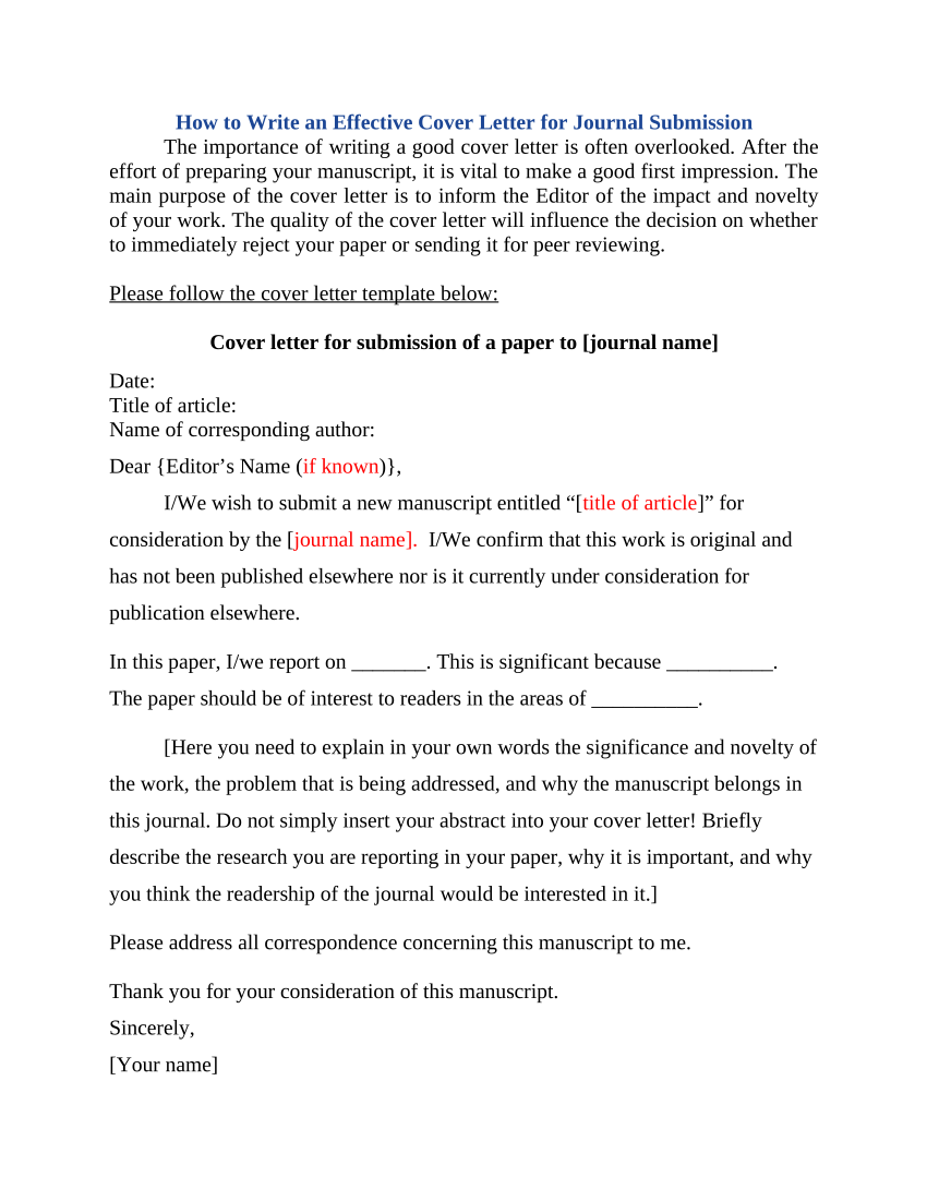 example cover letter for paper submission