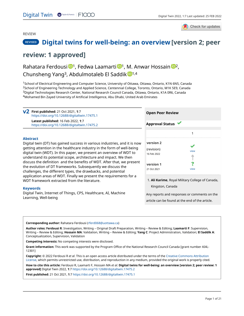 Pdf Digital Twins For Well Being An Overview