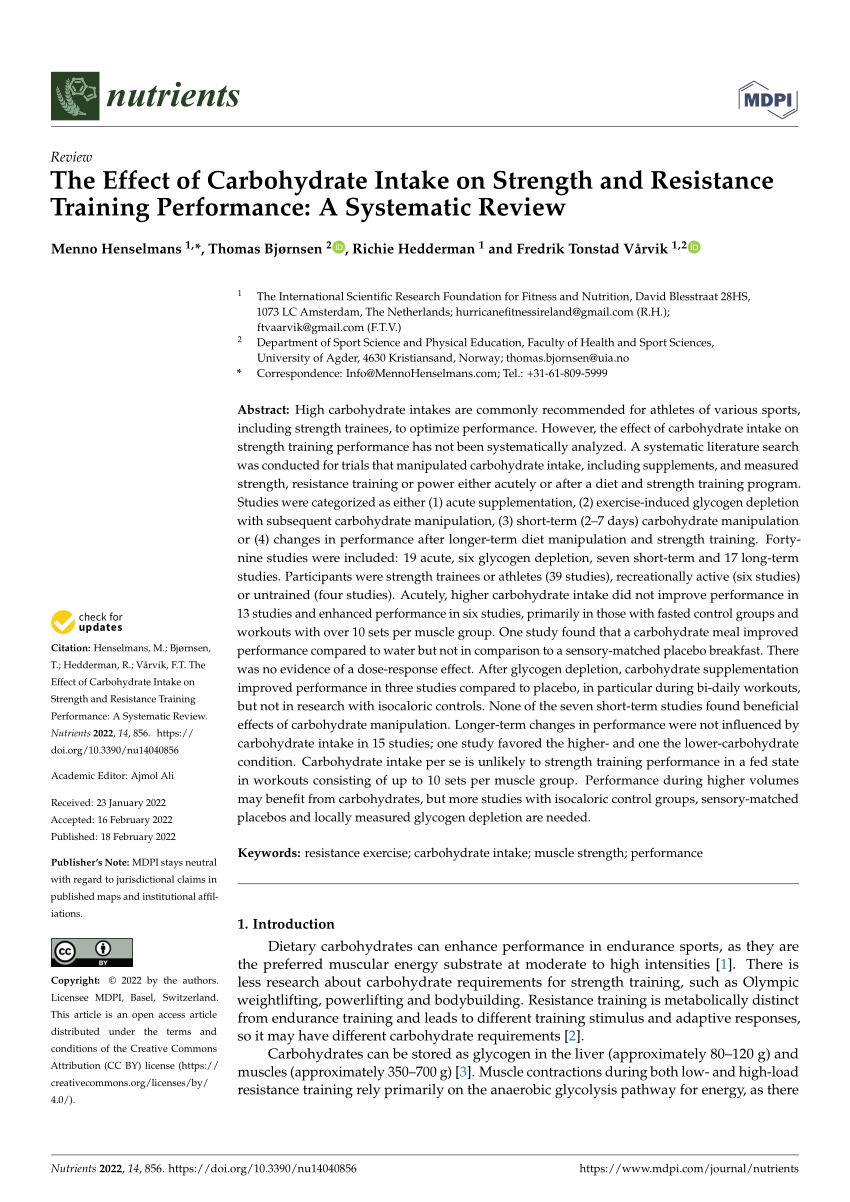 (PDF) The Effect of Carbohydrate Intake on Strength and Resistance Training  Performance: A Systematic Review